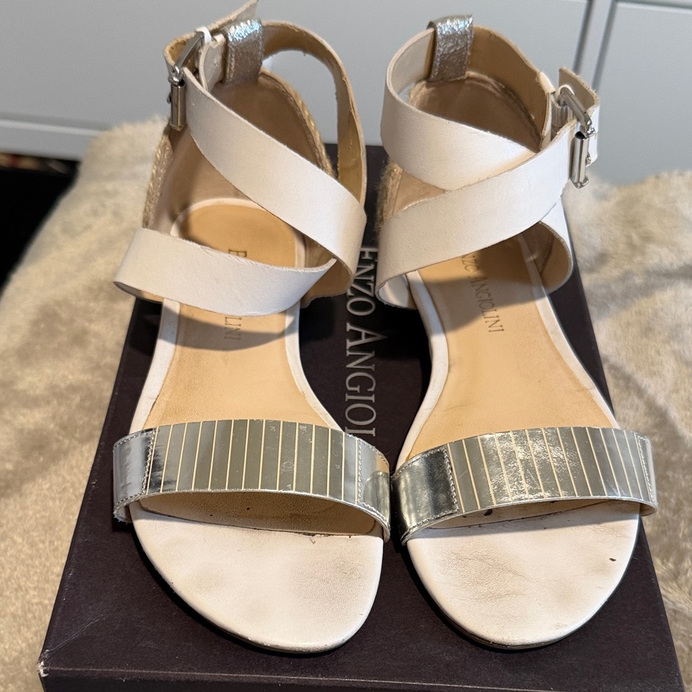 Enzo Angiolini Cream and Silver Strappy Sandals